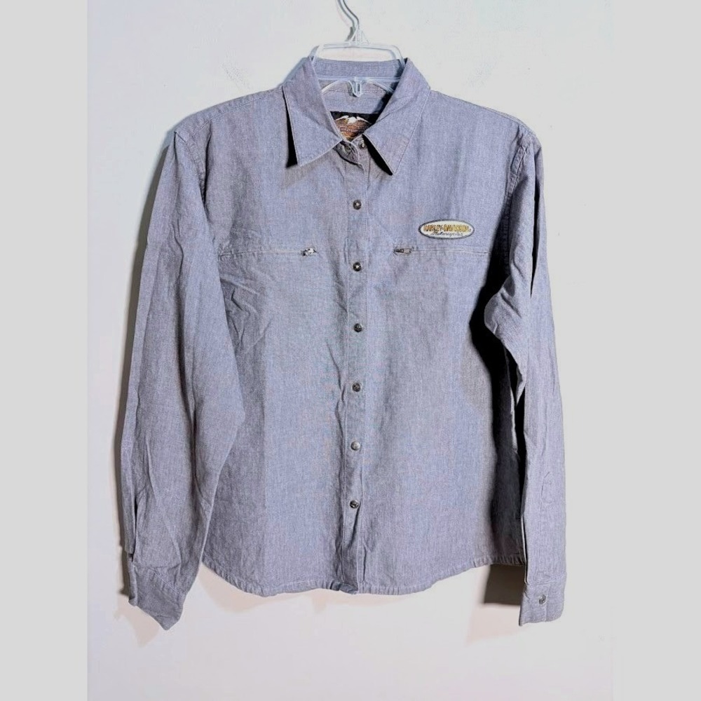 Vintage Harley Davidson Womens Grey Chambray Long Sleeve Snap Front‎ Shirt M